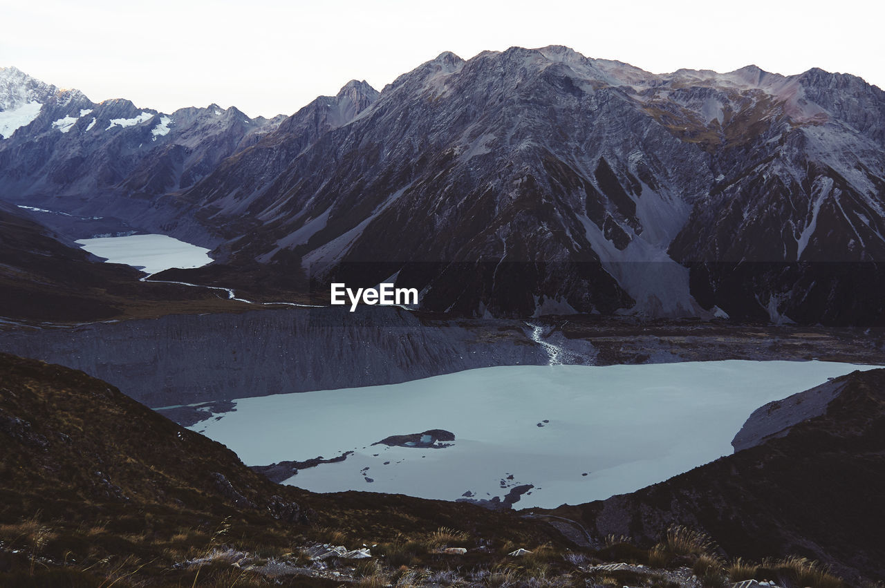 Scenic view of lake by mountains against sky