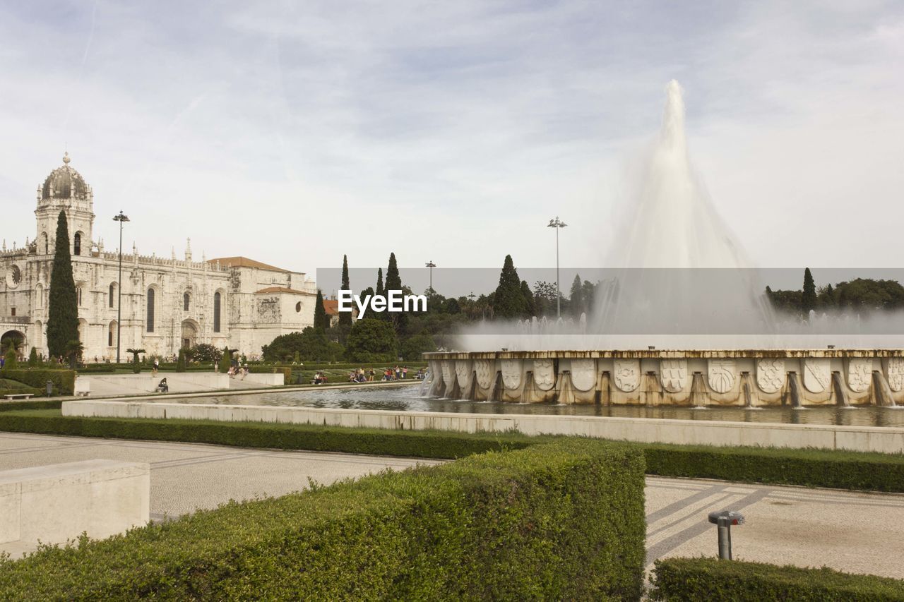 External garden of jeronimos monastery in lisbon, with its monumental fountain