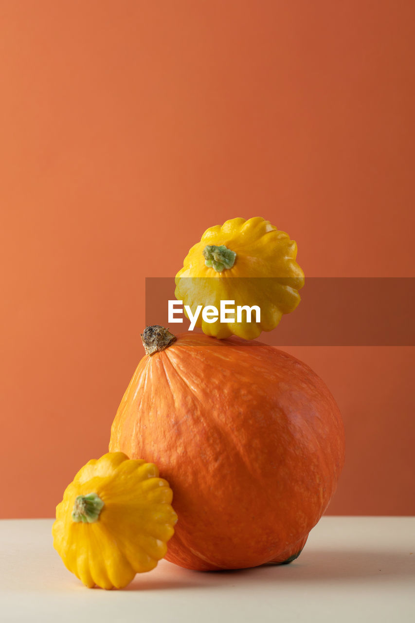 Still life of a balance of pumpkins and patisson on an orange background. 