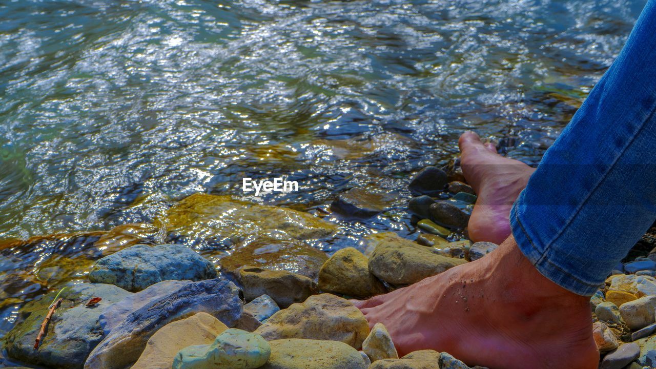 water, one person, human leg, low section, nature, sea, leisure activity, high angle view, day, rock, lifestyles, personal perspective, hand, adult, barefoot, outdoors, rippled, men, limb, human limb, marine biology, fish, beach, human foot