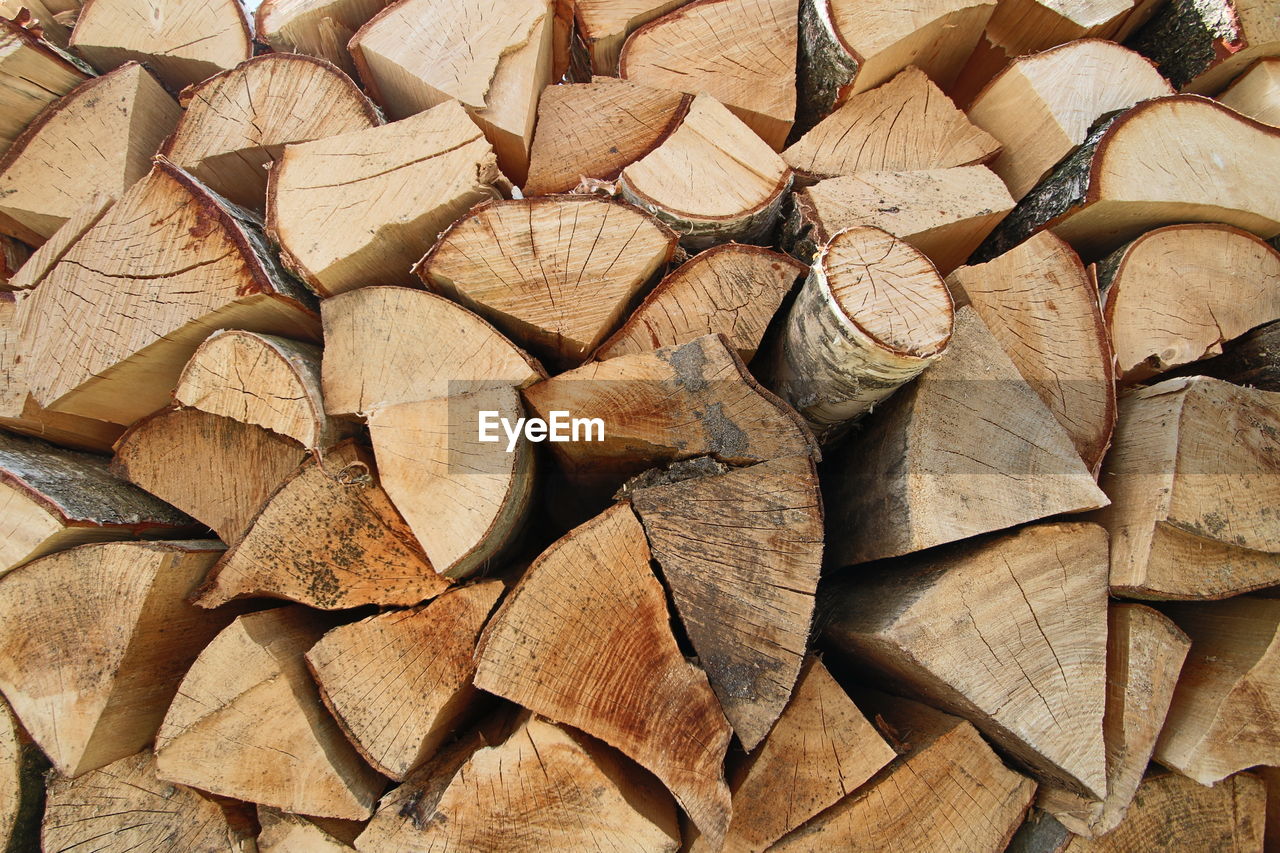 Full frame shot of firewood in forest