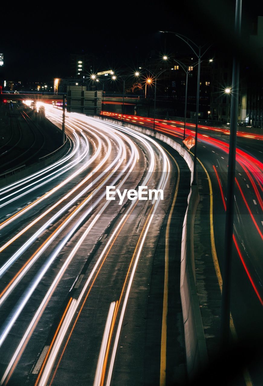 Light trails on road at night