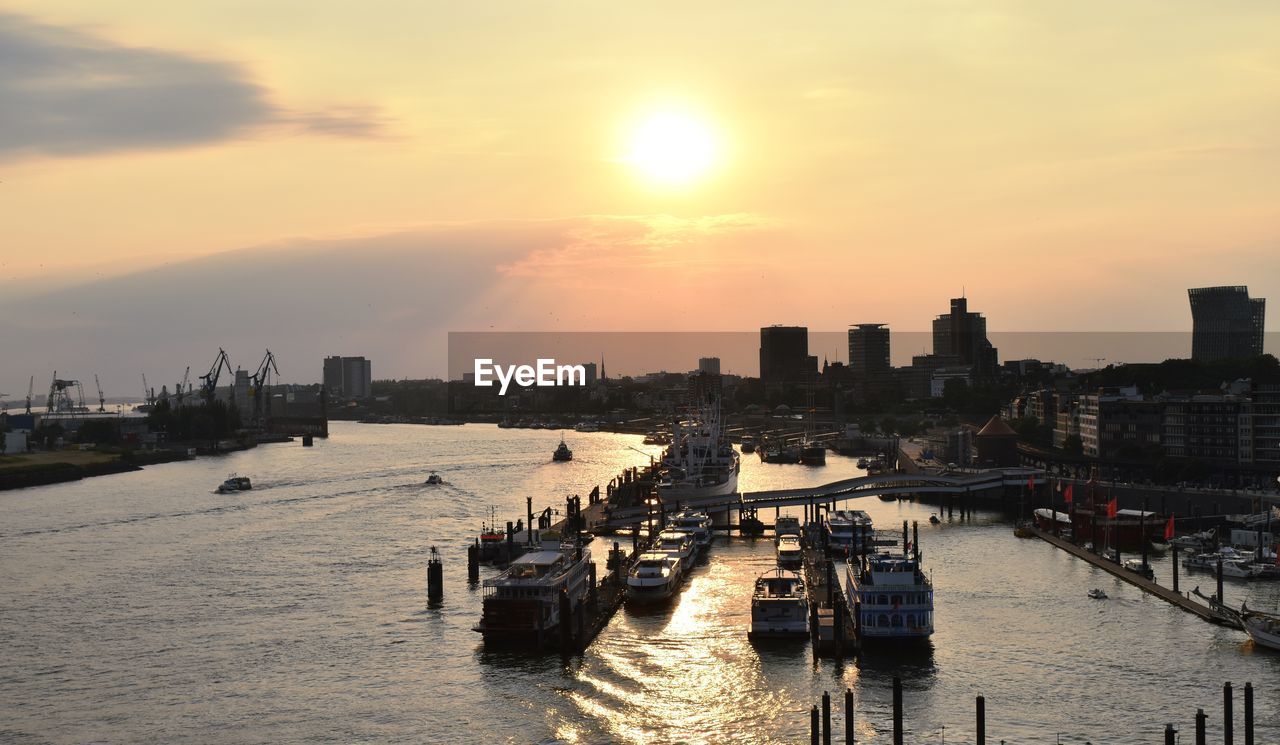 PANORAMIC VIEW OF SEA AGAINST BUILDINGS DURING SUNSET