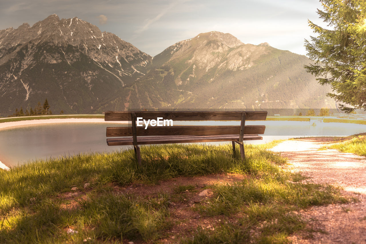 Empty bench by plants against sky