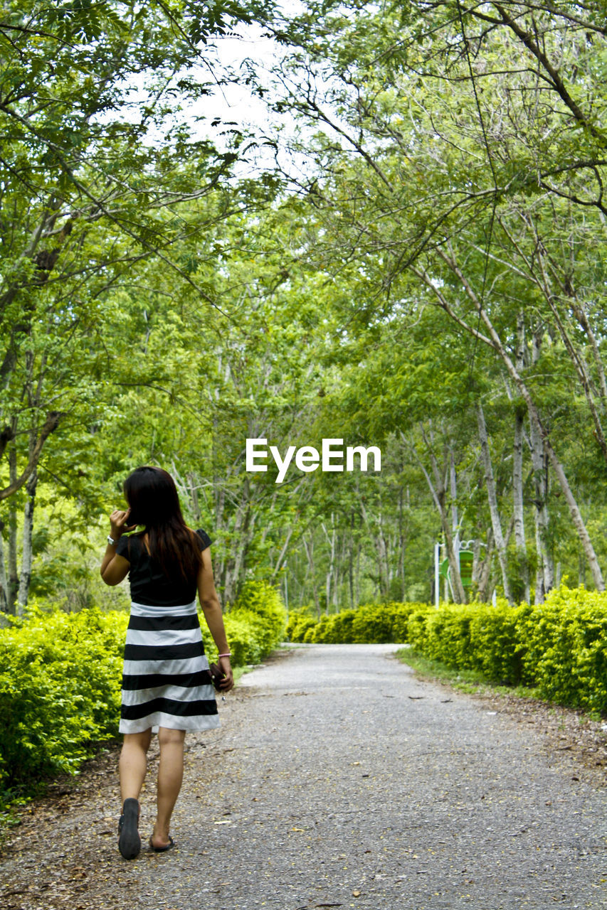 Rear view of young woman walking on road amidst trees at park