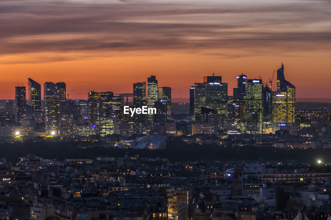 Aerial view of la defense in paris at sunset