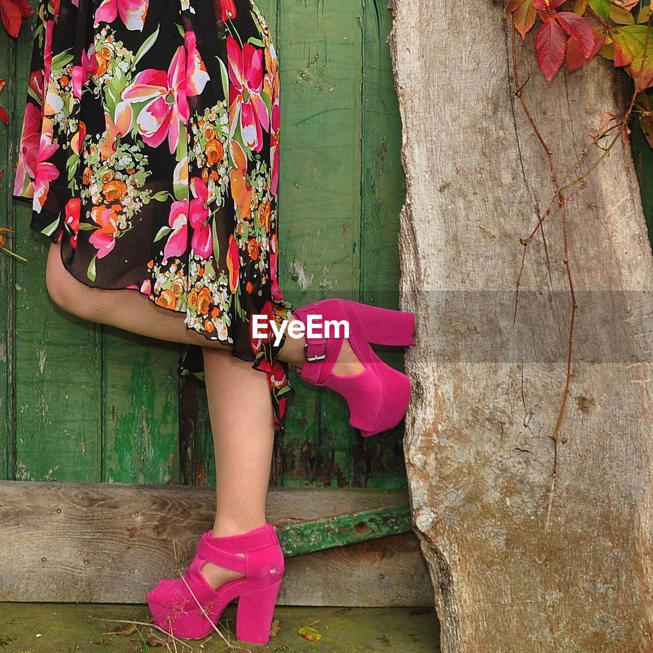 Low section of woman wearing pink heels standing by wooden door