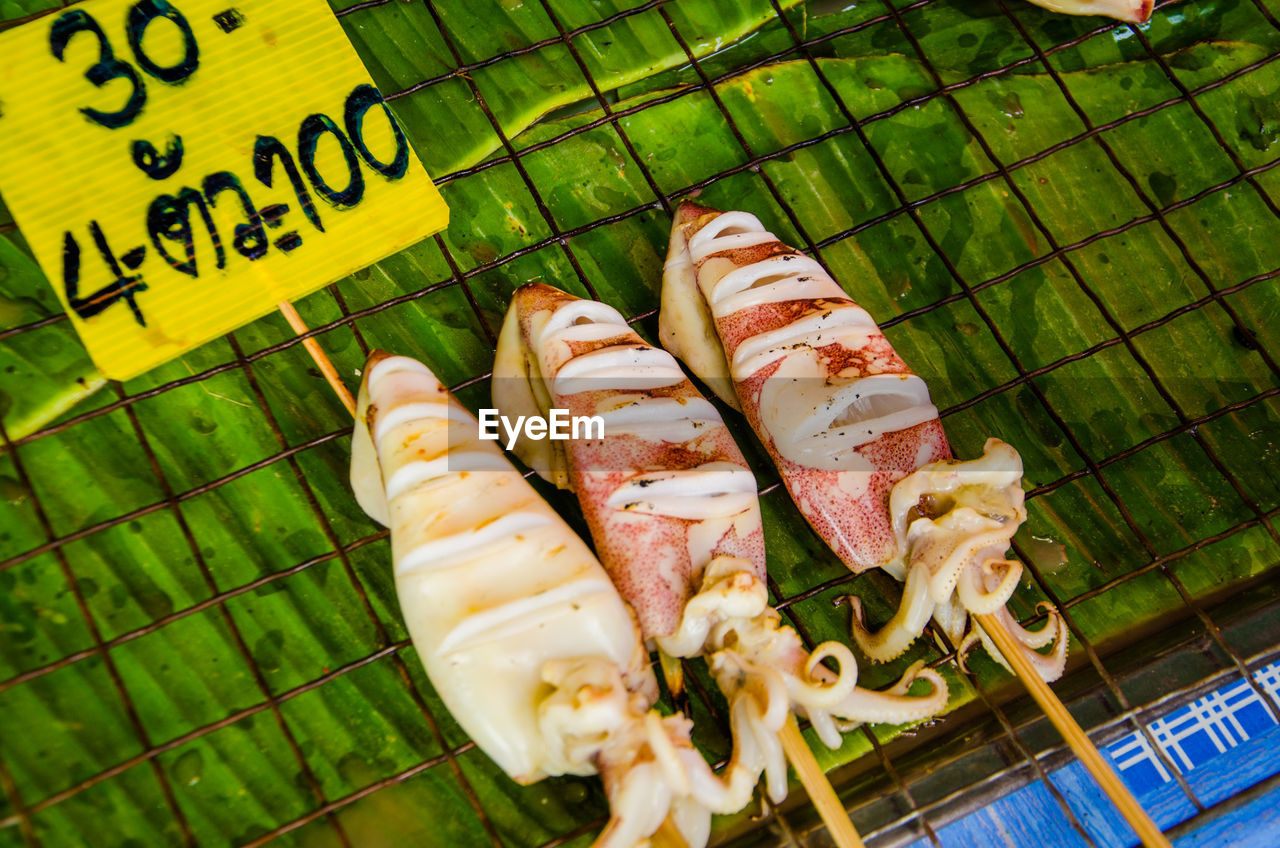 High angle view of seafood for sale in market