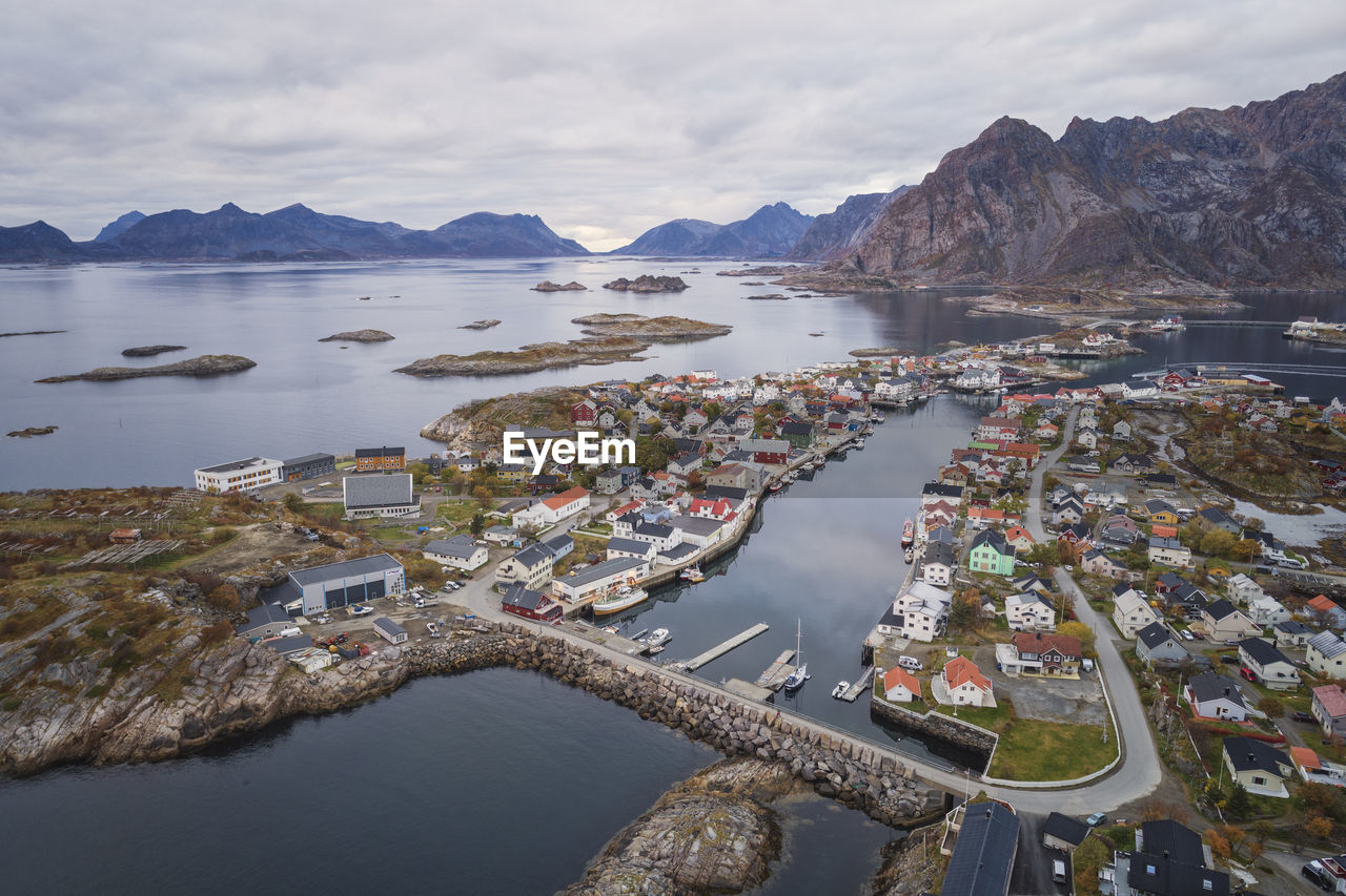 Fishing village on the lofoten islands from an aerial point of view