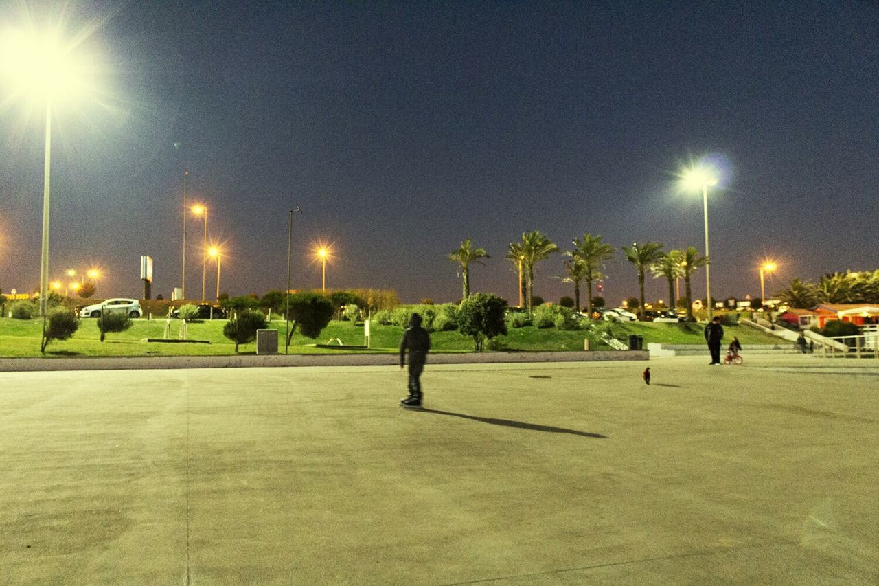 People on illuminated road by trees against clear sky during dusk