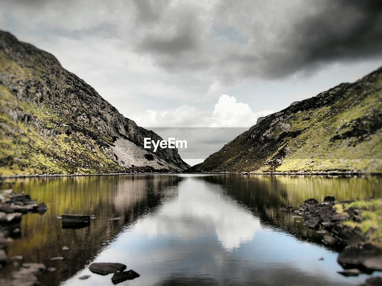 Scenic view of lake against cloudy sky