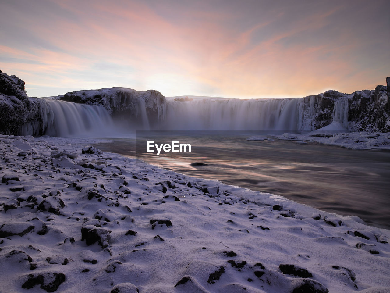 The waterfall godafoss in north iceland in winter