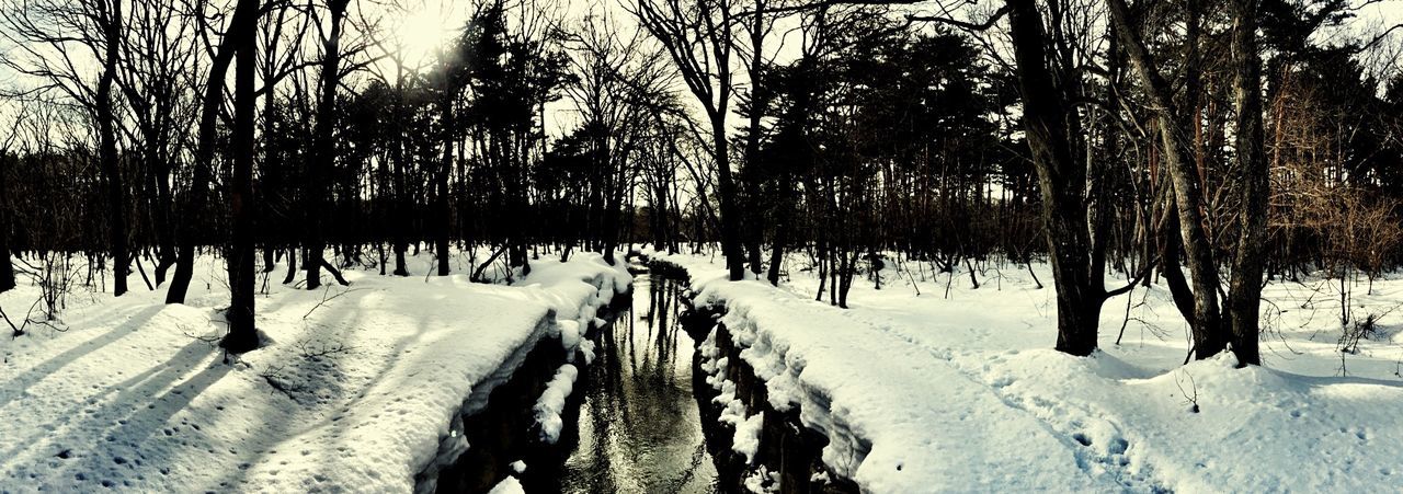 Stream amidst snow covered field