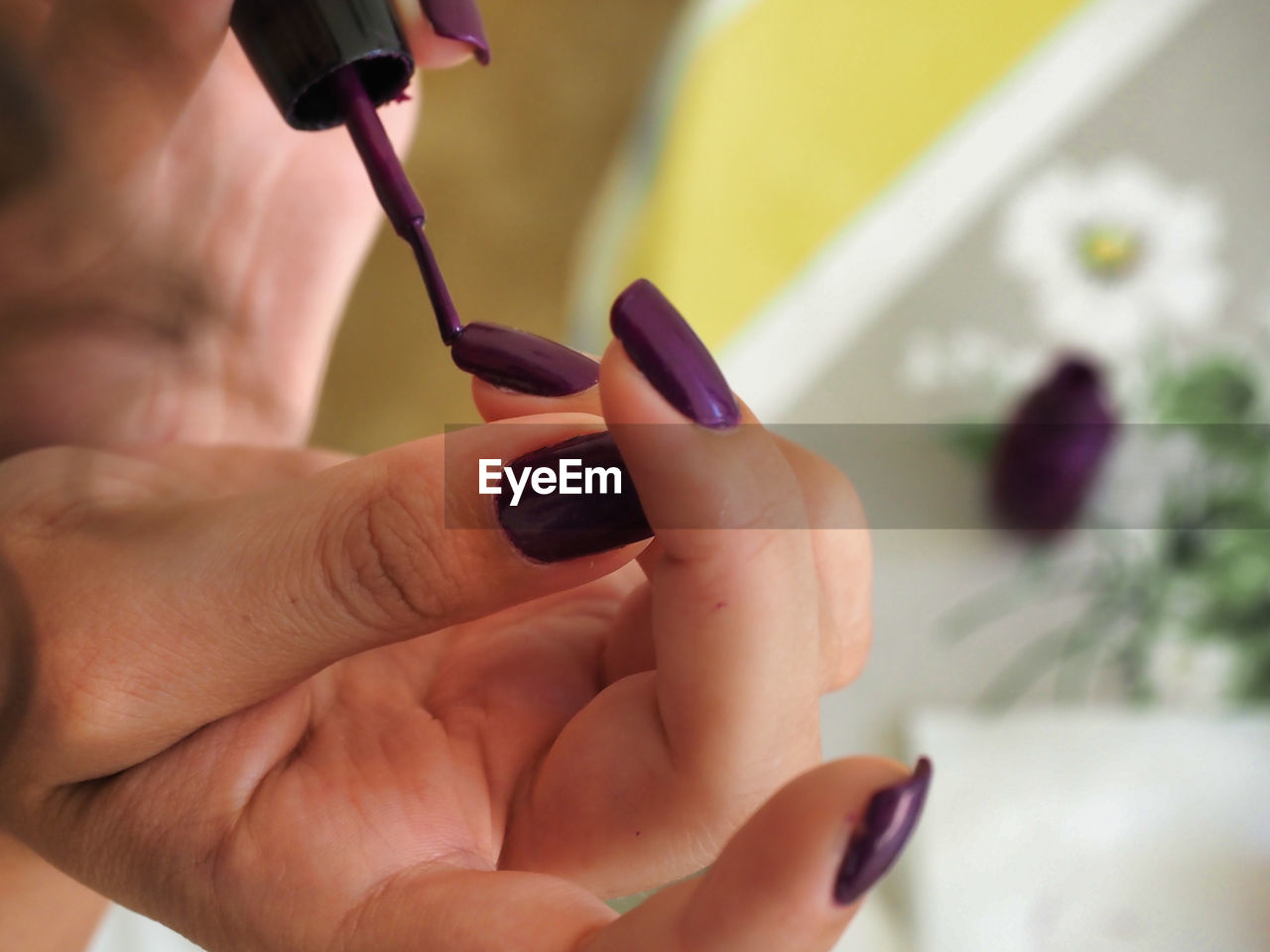 CROPPED IMAGE OF WOMAN HOLDING HAND ON PURPLE FLOWERING