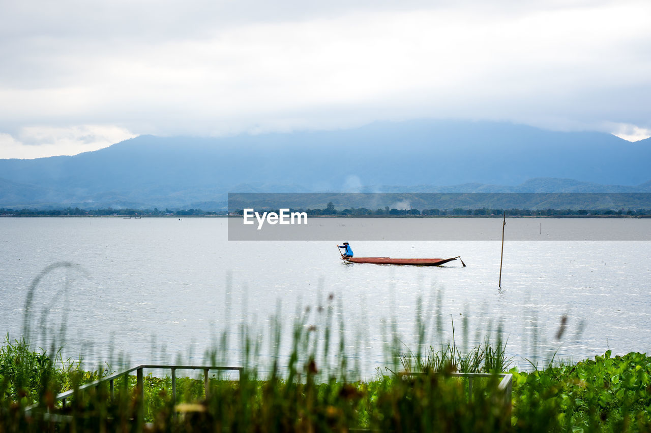 PERSON ON LAKE AGAINST SKY