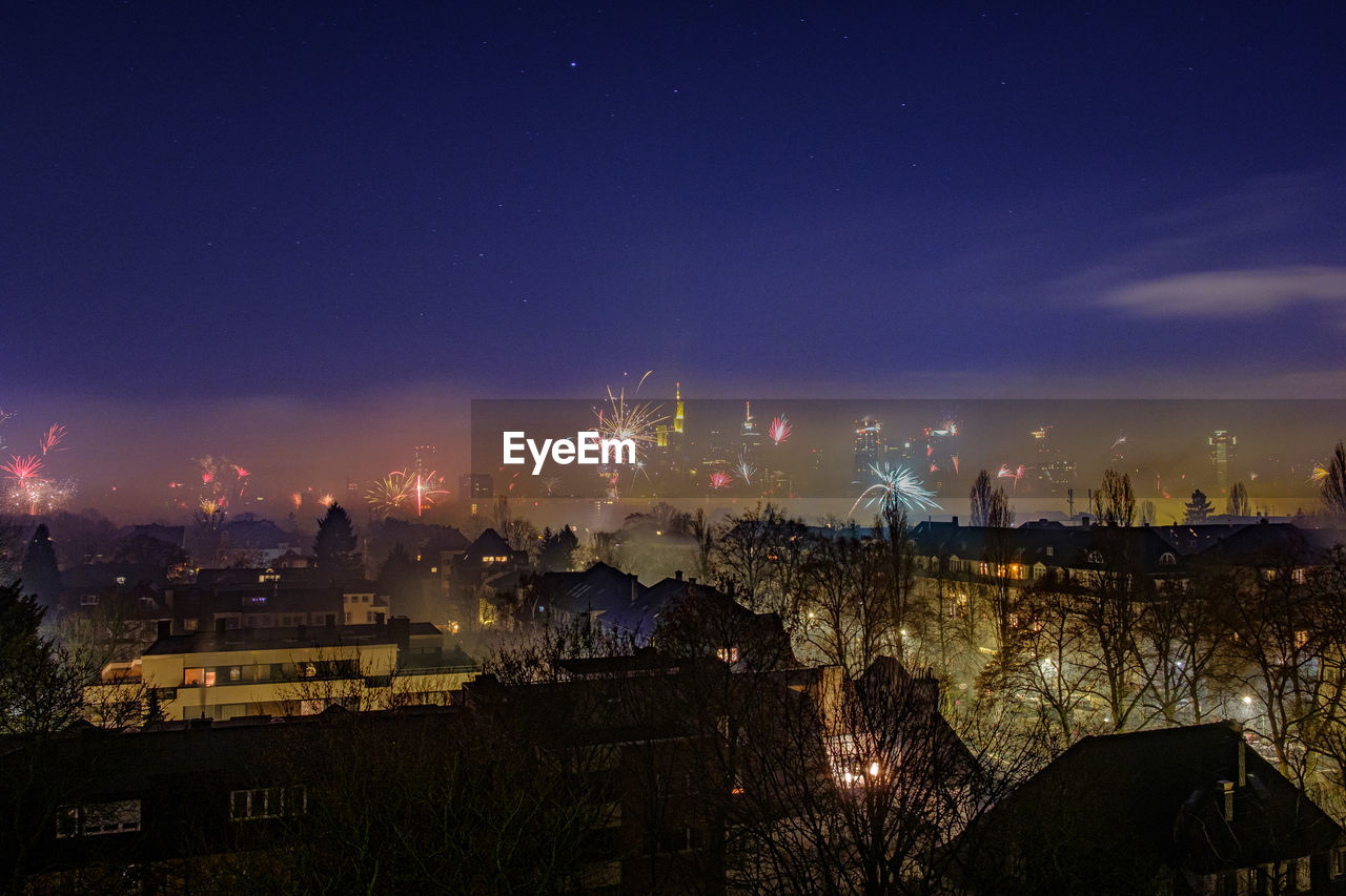 The frankfurt skyline with firework at new years eve