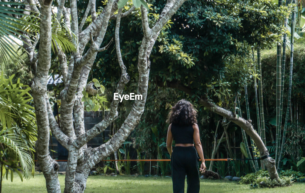 Rear view of woman looking at trees