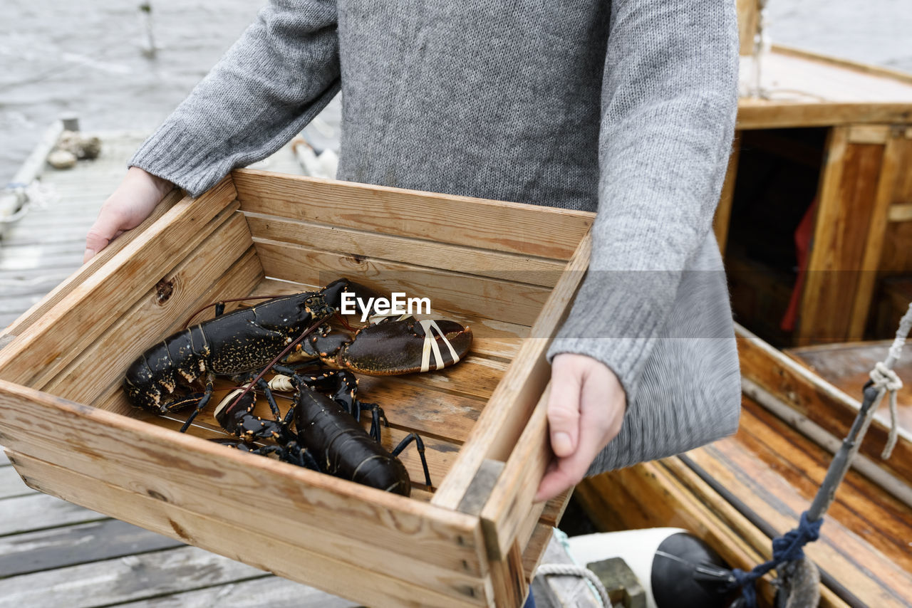 Woman carrying lobsters, close-up