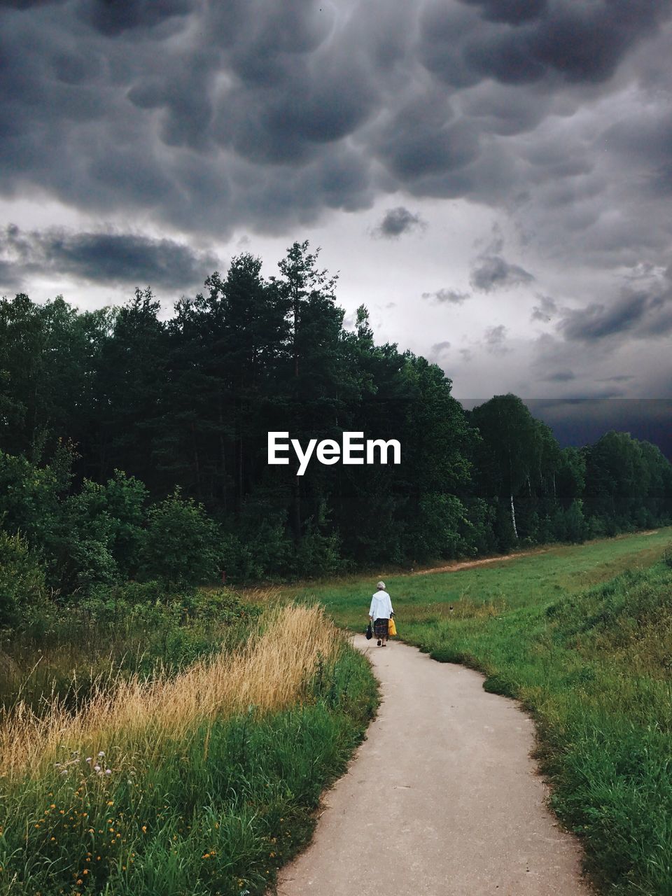 Rear view of woman walking on footpath amidst field