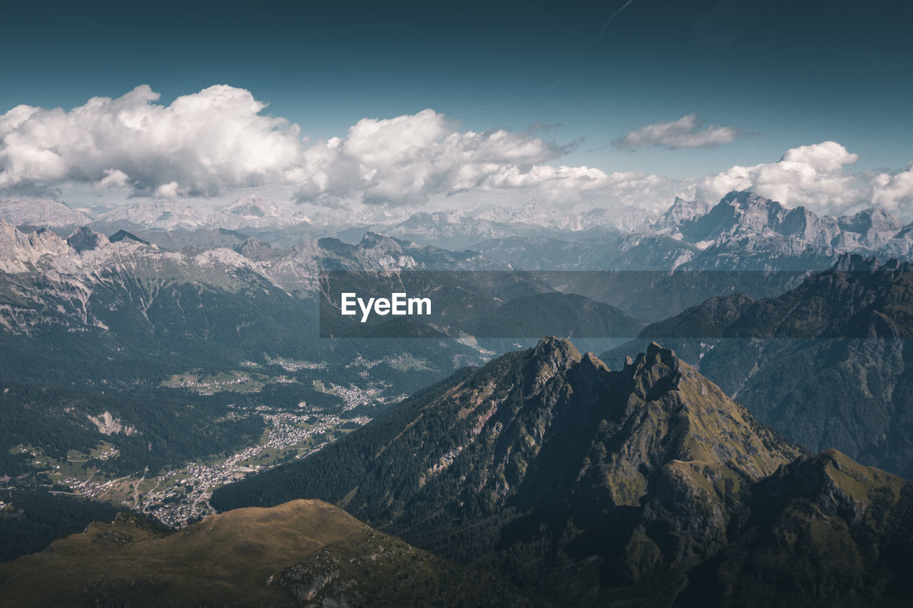 Aerial view of snowcapped mountains against sky