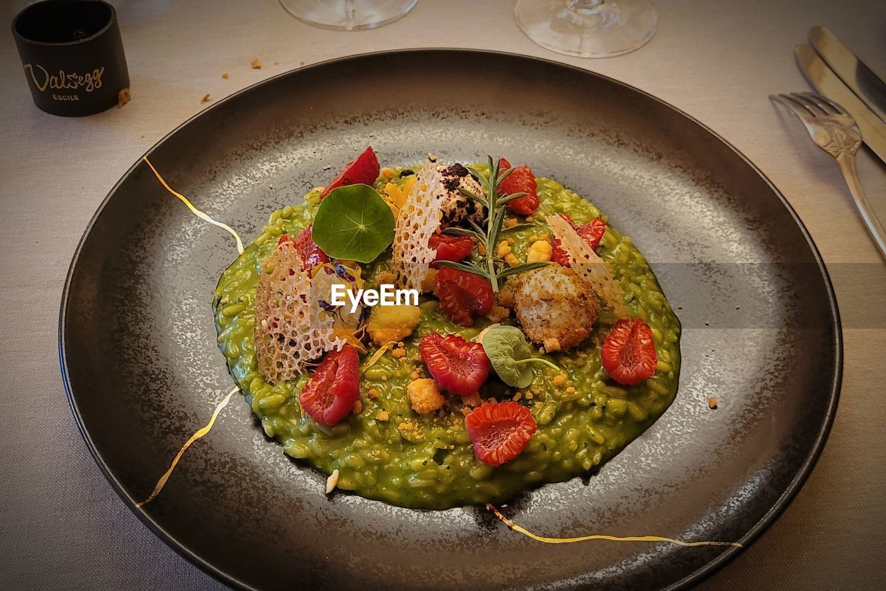 high angle view of food in plate on table