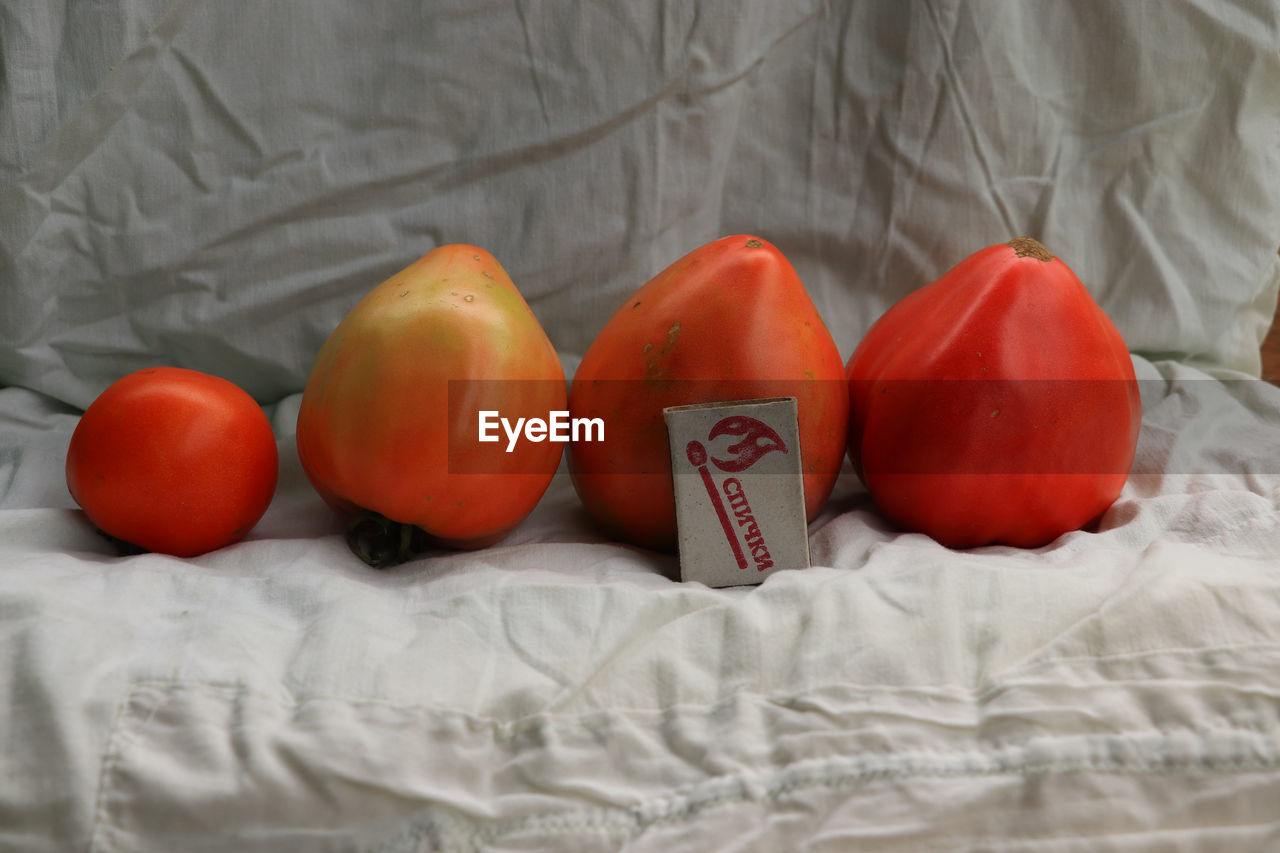 HIGH ANGLE VIEW OF FRUITS ON BED