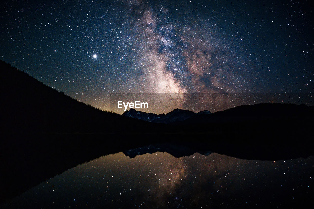 SCENIC VIEW OF LAKE AGAINST STAR FIELD