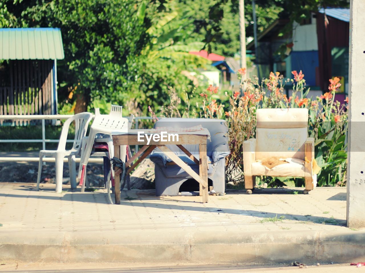 CHAIRS AND TABLE BY TREE