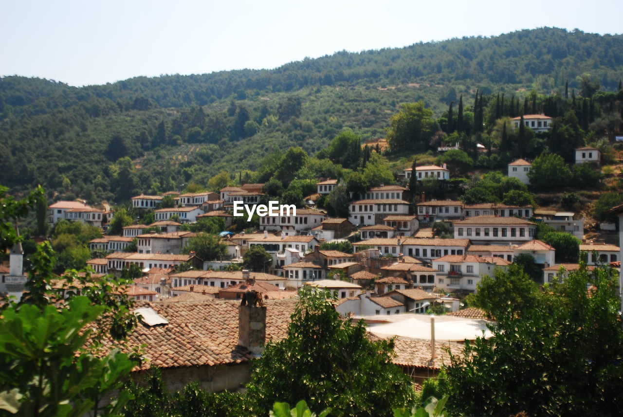 HIGH ANGLE VIEW OF TOWNSCAPE AND TREES AGAINST SKY