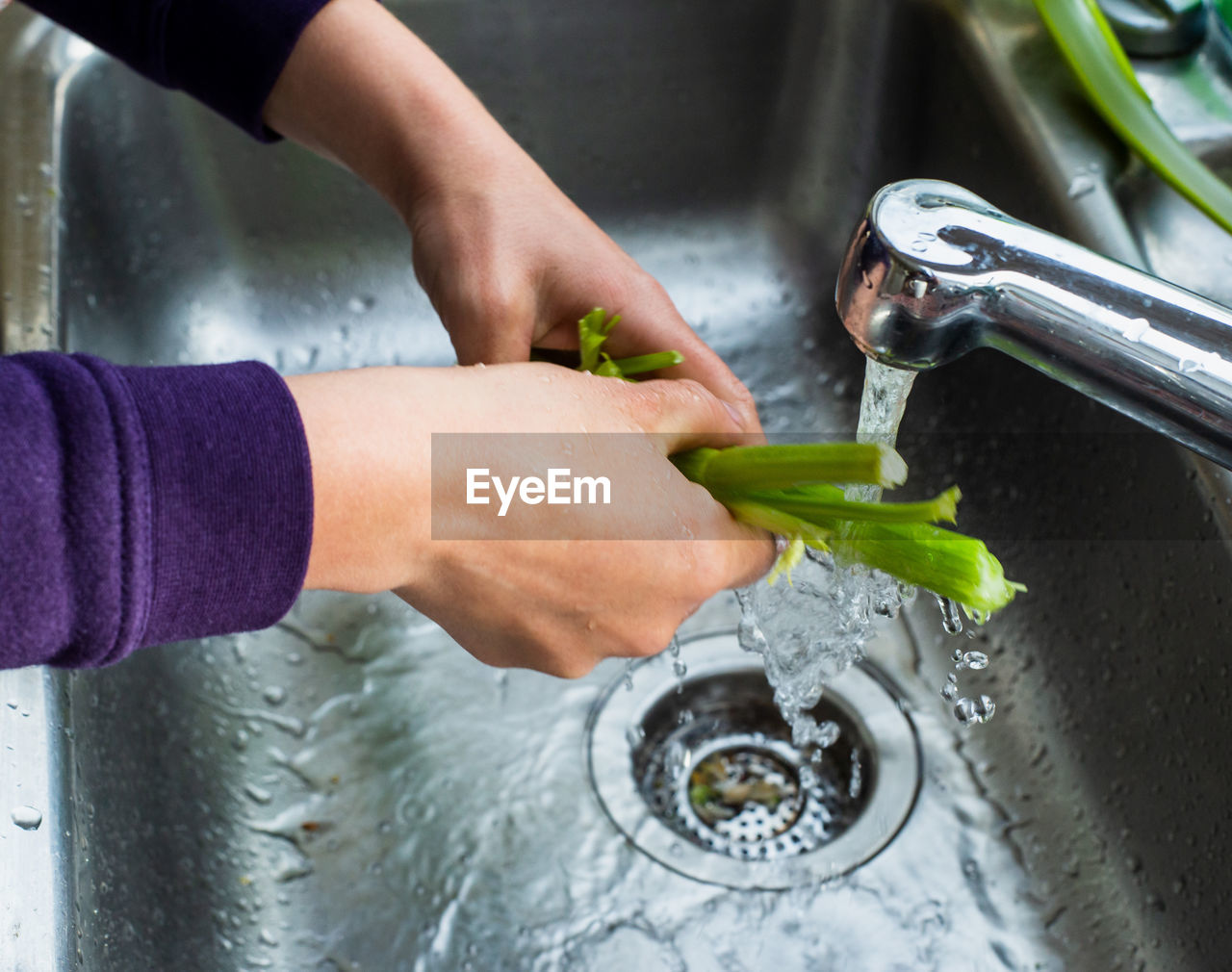 Cropped hands of person washing vegetables in sink at kitchen