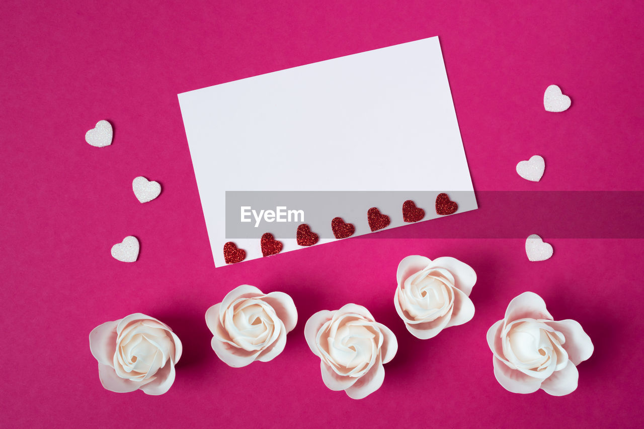 pink, petal, no people, studio shot, colored background, flower, indoors, heart, font, still life, high angle view, knolling - concept, food and drink, rose, sweet food, copy space, directly above, paper, pink background