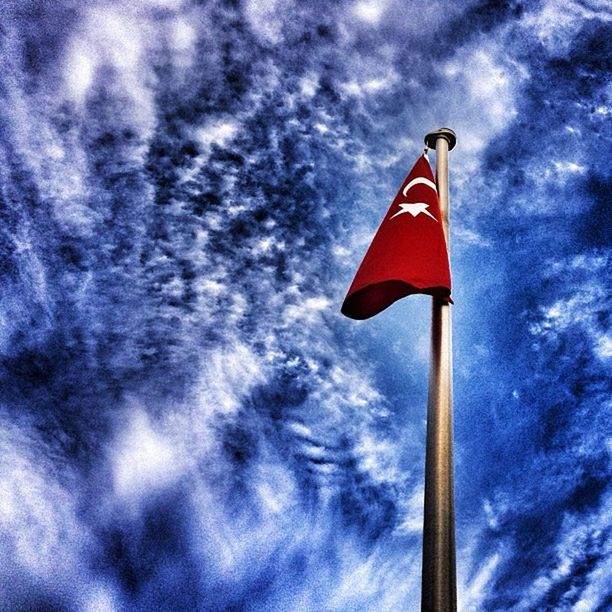 LOW ANGLE VIEW OF WIND FLAG AGAINST CLOUDY SKY