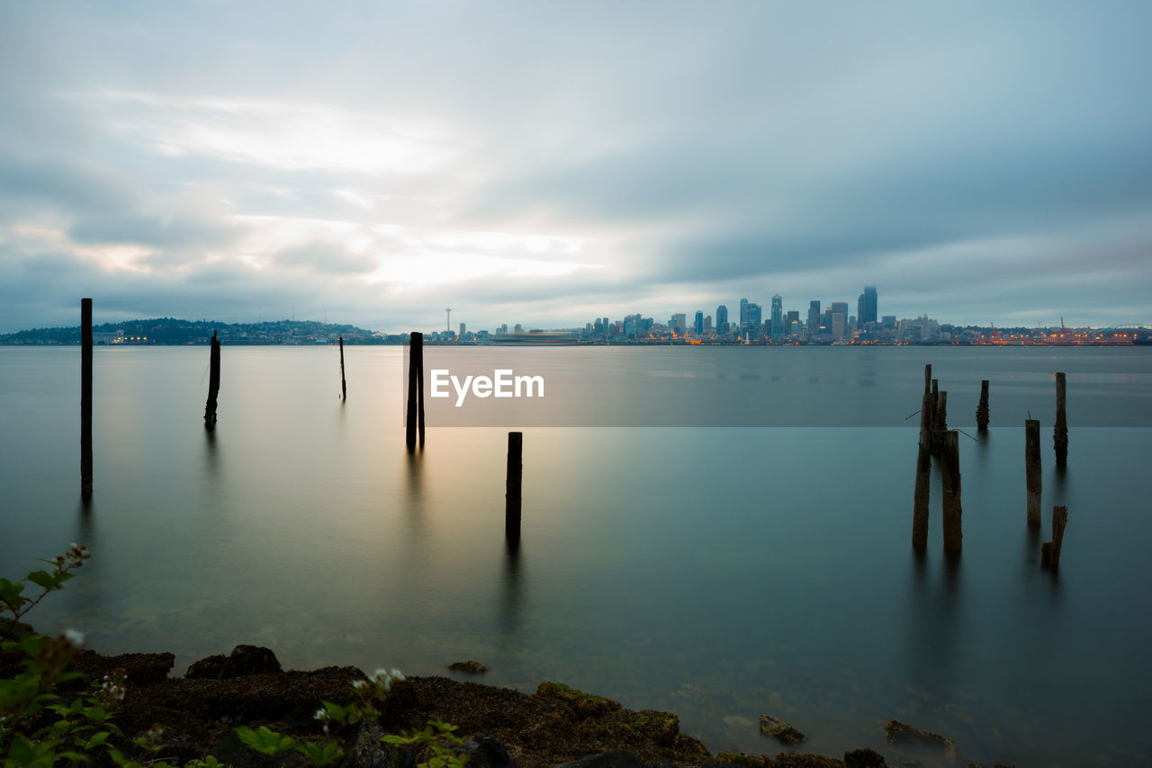 Puget sound and city skyline of seattle in the mist of the early morning, washington state, usa