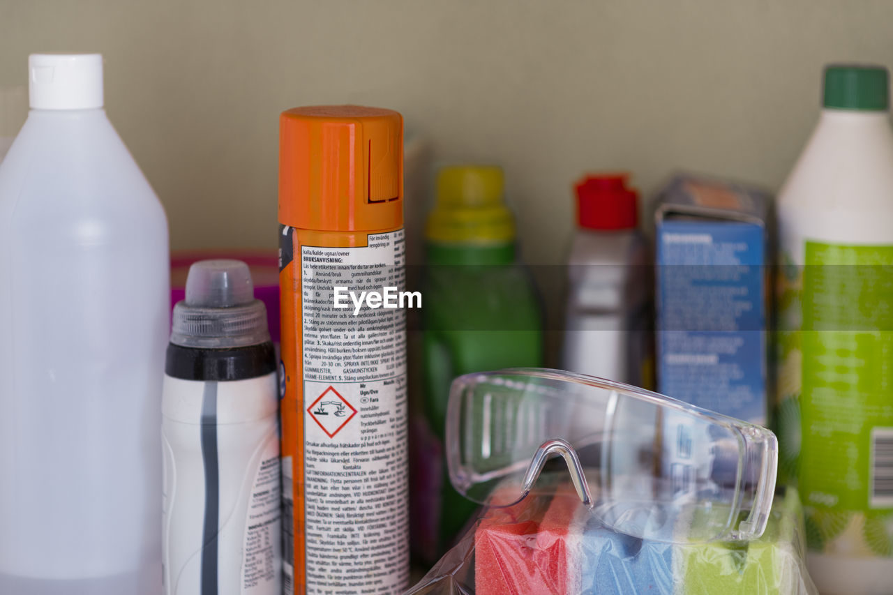 House cleaning agents and protective eyeglasses