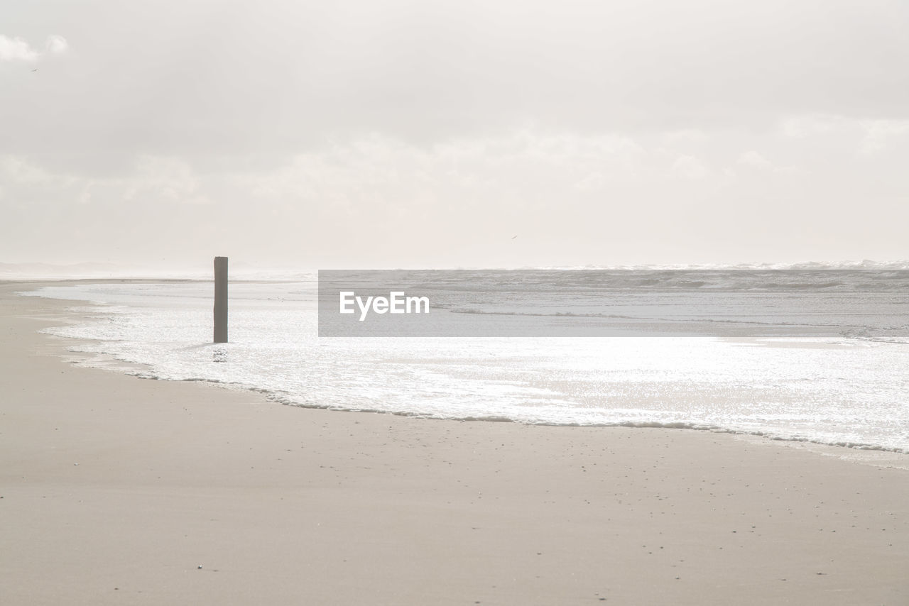 WOODEN POSTS ON BEACH AGAINST SKY
