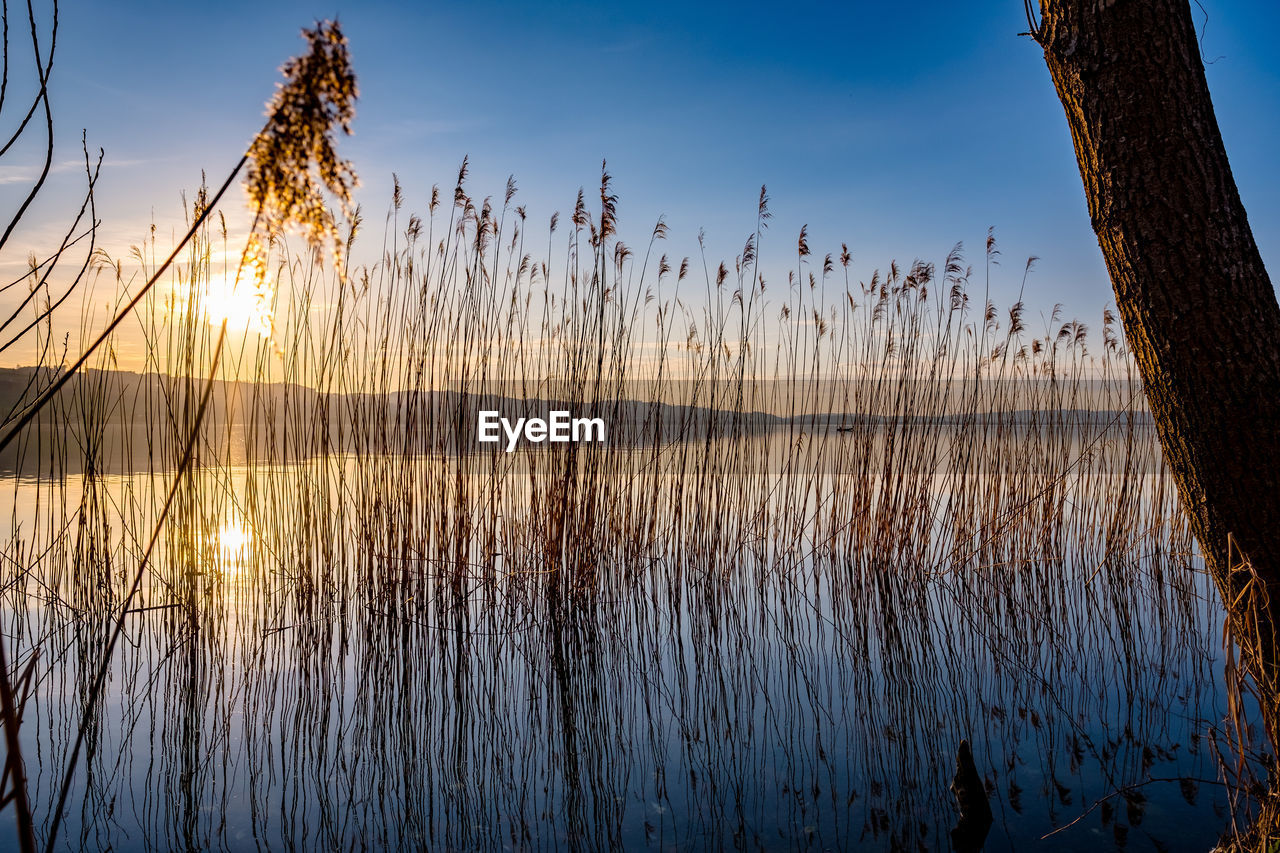 Scenic view of lake against sky at sunset