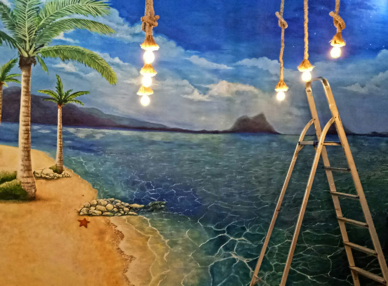 Painting Tropical Paradise Palm Tree Water Sea Tree Beach Travel Destinations No People Outdoors Blue Sky Nature Day