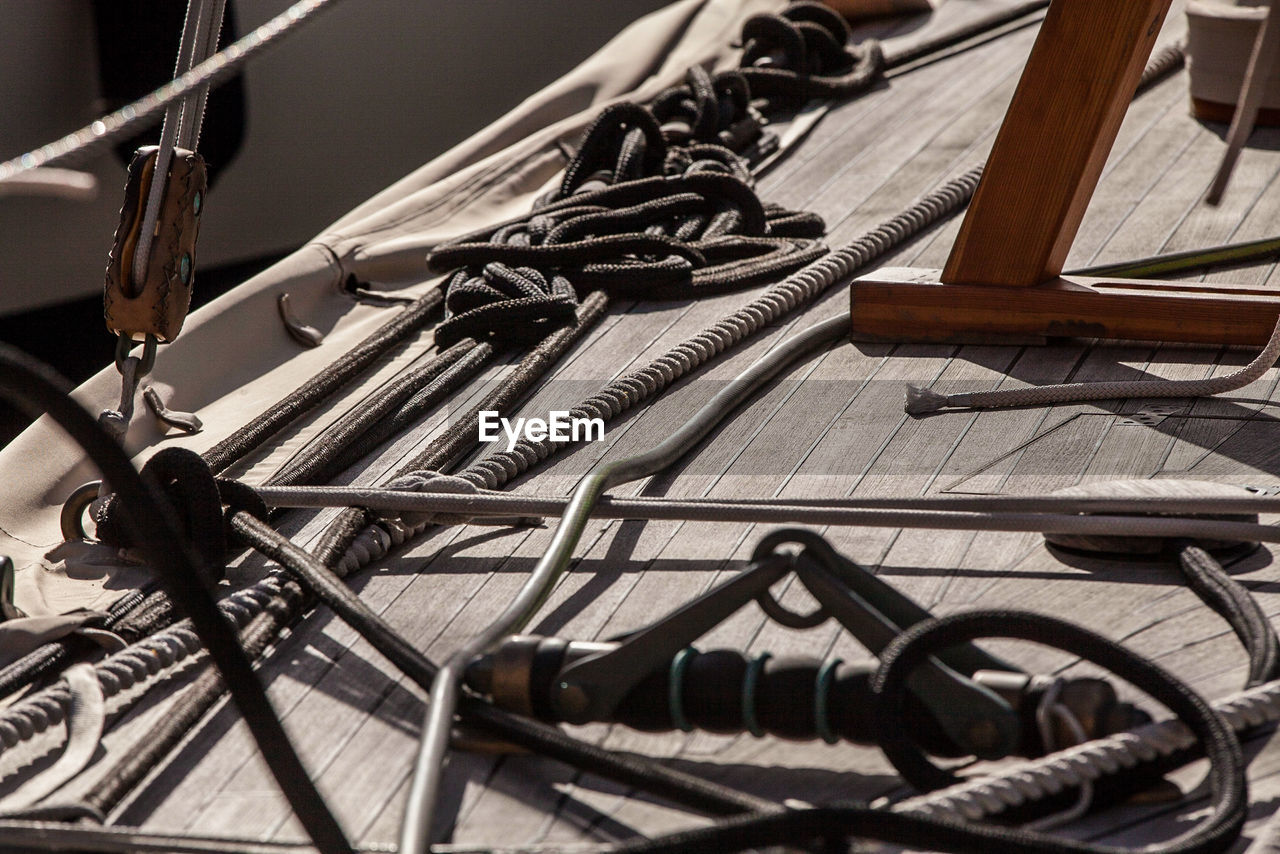 High angle view of ropes on boat