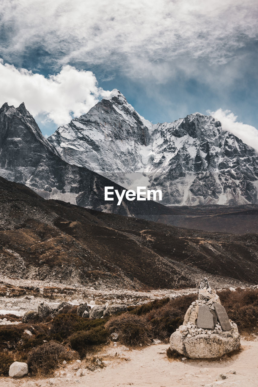 Scenic view of snowcapped mountains against sky