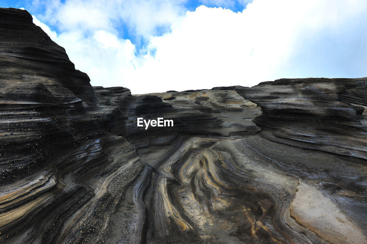 Scenic view of rock formations against cloudy sky