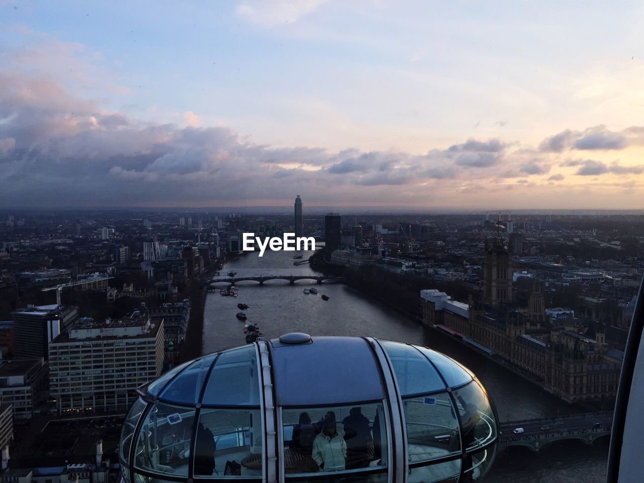 High angle shot of river along cityscape