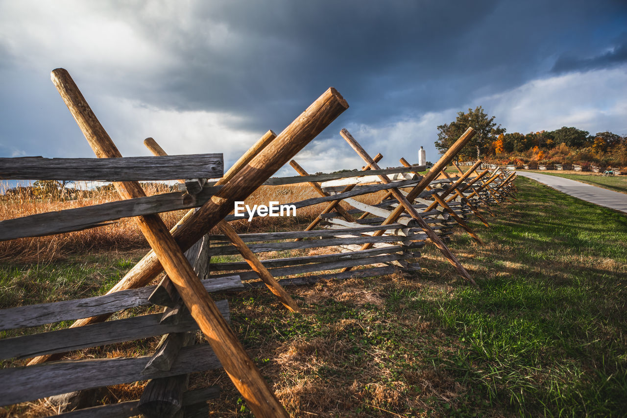 Wooden virginia worm or split rail fence at oak ridge where civil war battle of gettysburg occurred