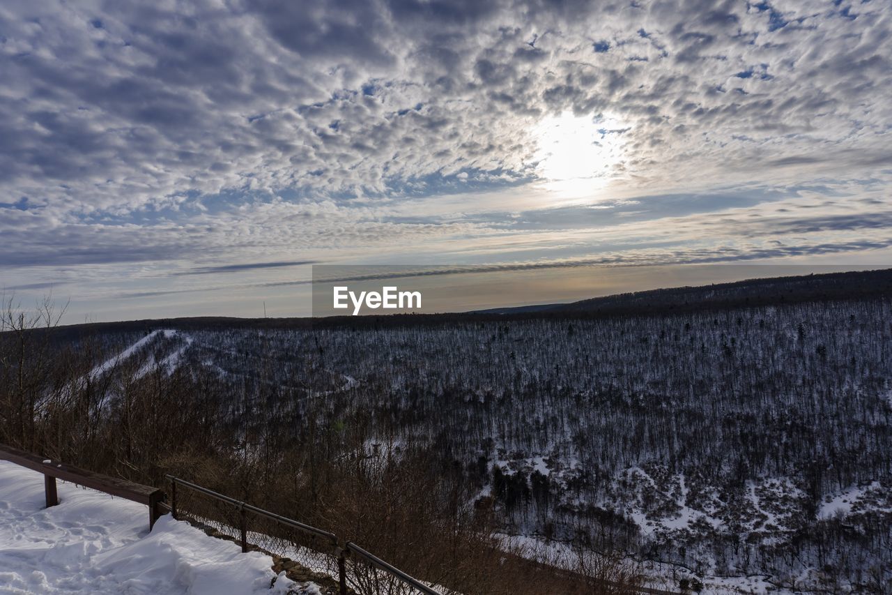 SCENIC VIEW OF SNOW COVERED LANDSCAPE AGAINST SKY AT SUNSET