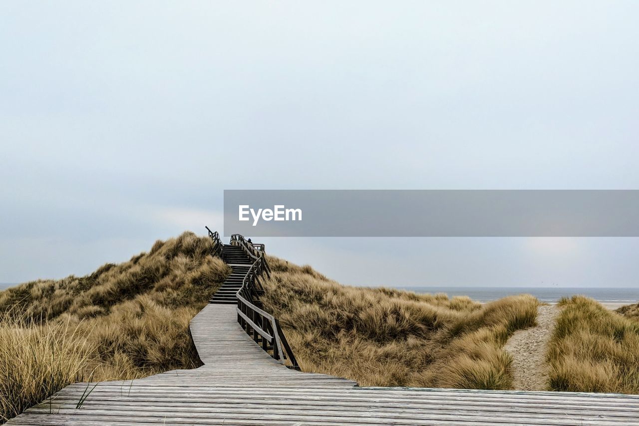 Empty boardwalk at beach against sky