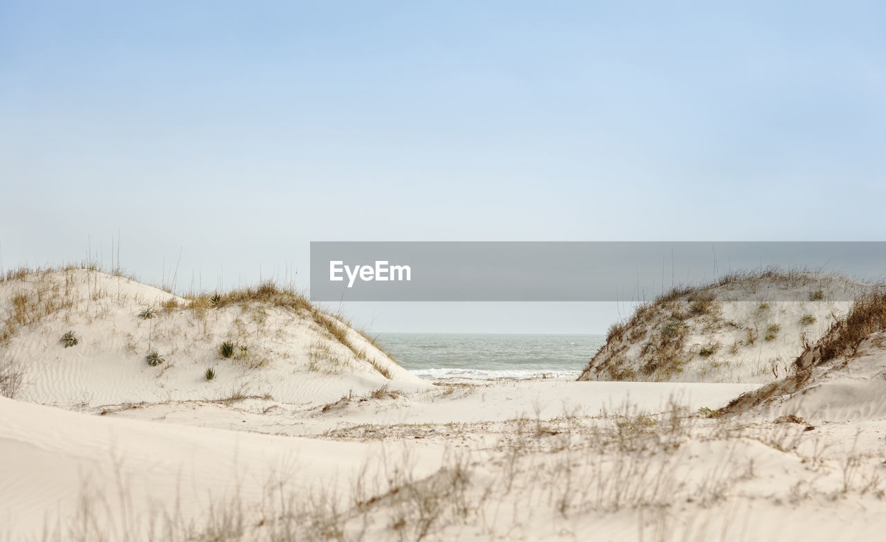 Scenic view of beach against clear sky