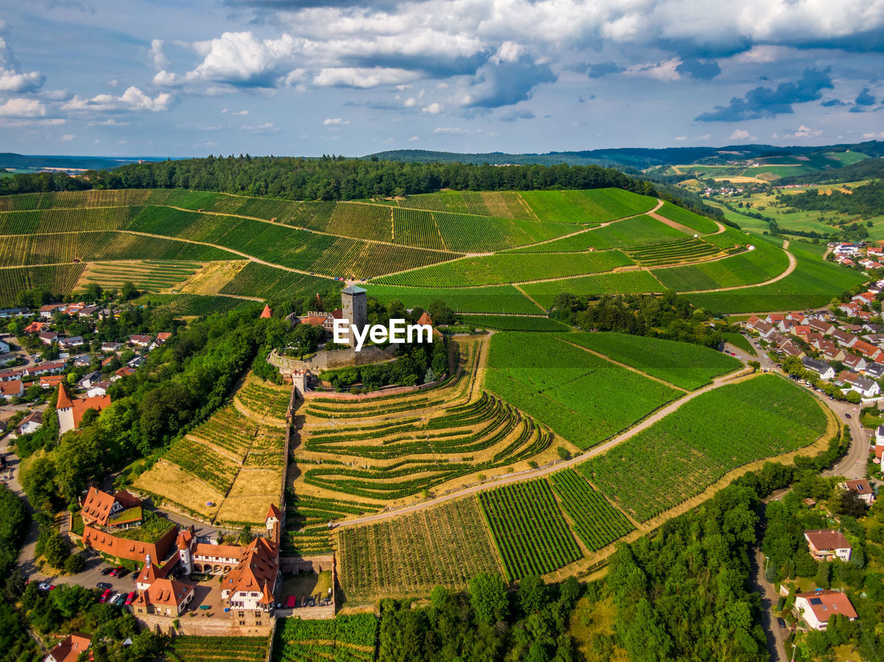 High angle view of agricultural field against sky