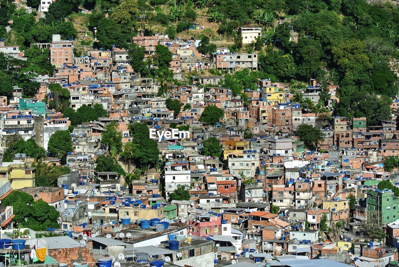 High angle view of residential buildings in town