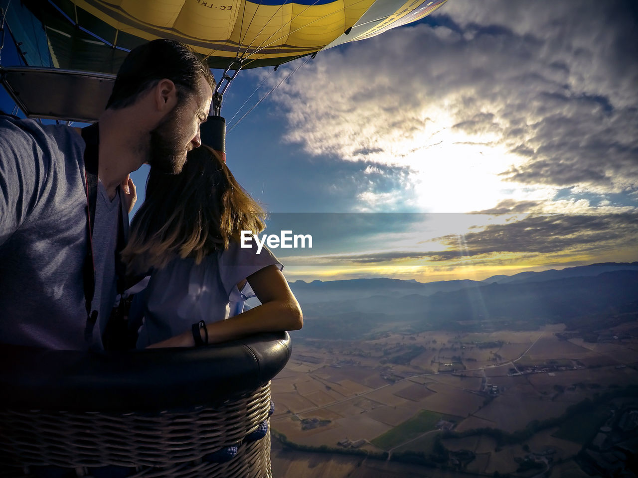 Couple in hot air balloon