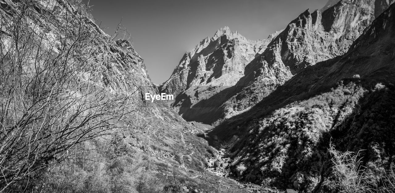 Low angle view of mountains against sky during winter