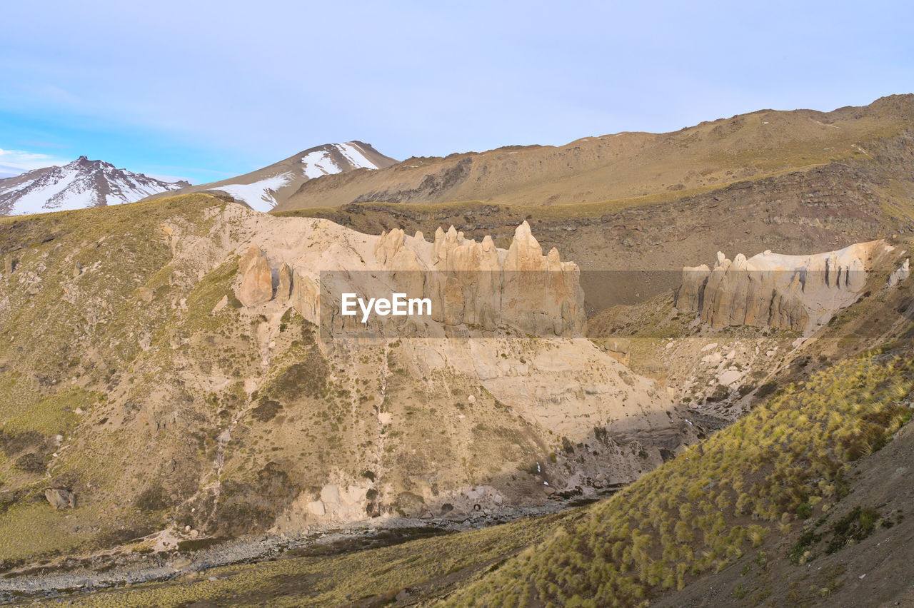 Panoramic view of rocky mountains against sky with snow in andes, chile, san clemente